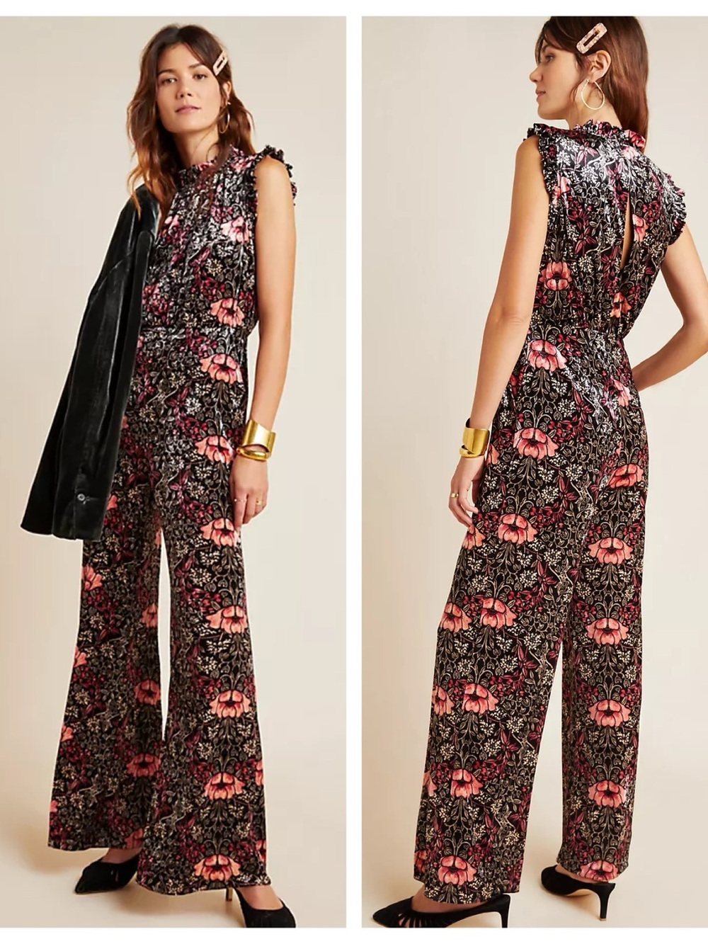 Anthropologie Ali & Jay Etienne Velvet Floral Ruffle Jumpsuit Size S